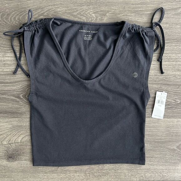 NWT American Eagle Cinch Shoulder Tee Tank Top Womens XS Dark Gray Scoop Neck - Picture 1 of 6